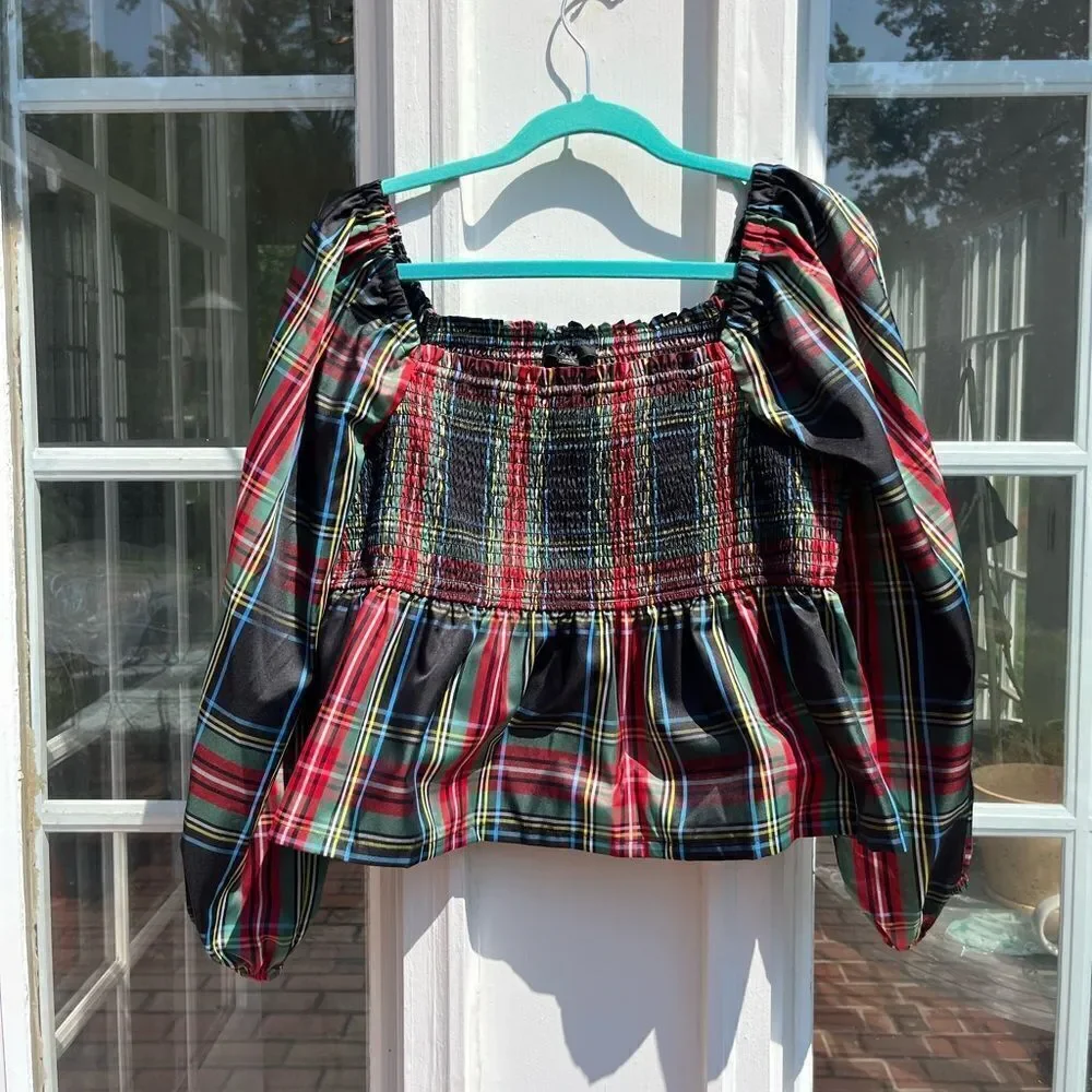 J Crew Puff-sleeve Smocked Top in Stewart Tartan NWT